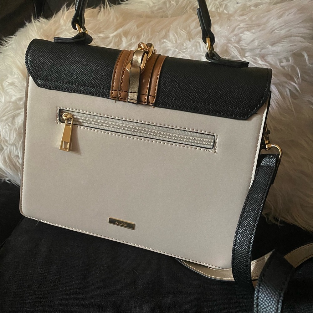 Aldo Colorblock Chain Top Handle Crossbody Satchel Bag Black Tan White NWT - Picture 4 of 5